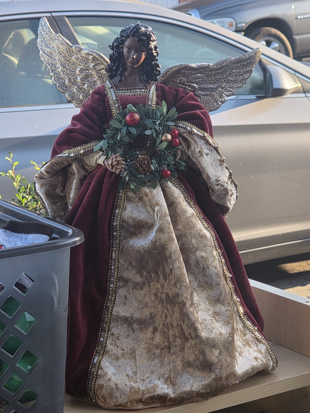 Black Holiday Angel Tree Topper in Burgundy and Gold